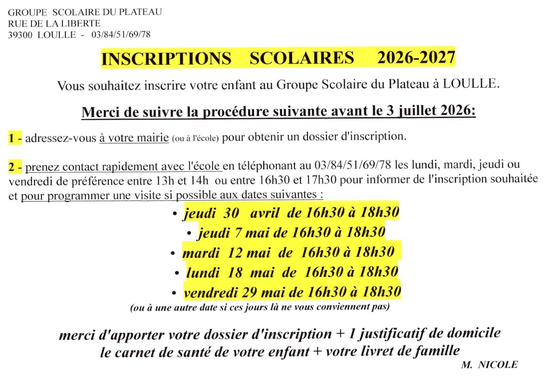 Inscriptions école rentrée 2026